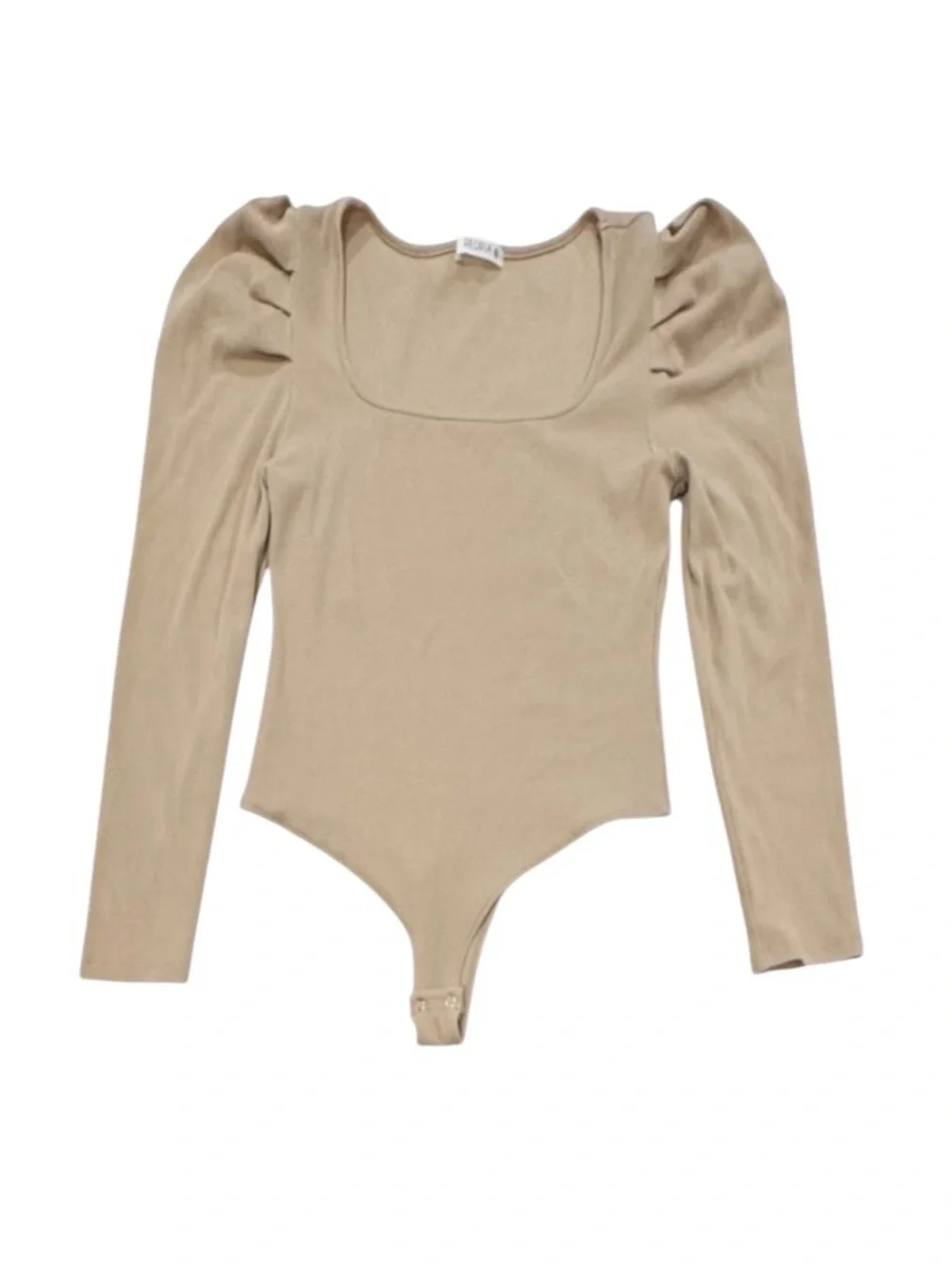 REORIA Ribbed Stretchy Long Puff Sleeve Neutral Thong Bodysuit XL